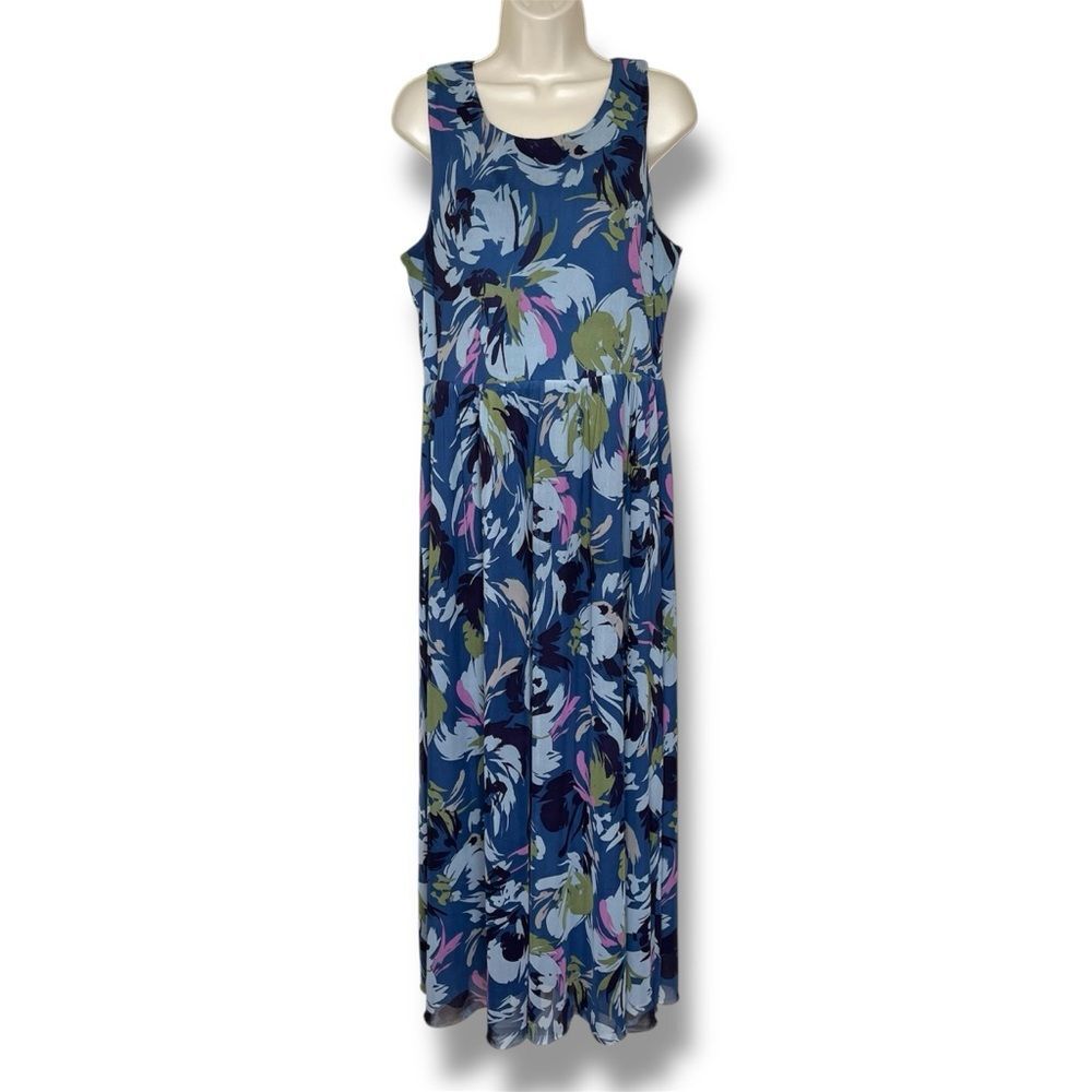 Soft Surroundings Diana Blue Floral Sleeveless Maxi Dress Scoop Neck Women Large